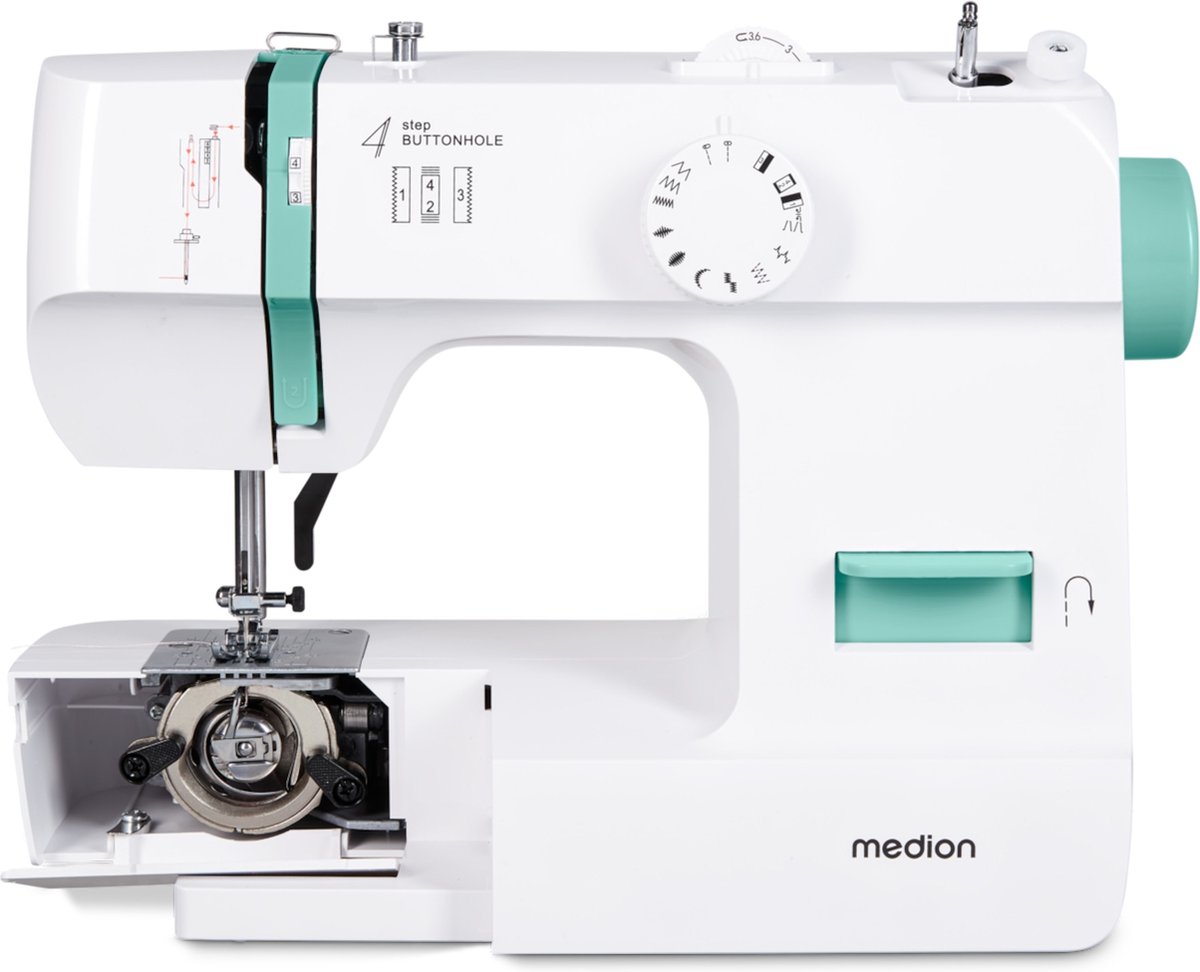 MEDION naaimachine SM70 (70 watt, 12 verschillende steekpatronen, led-naailampje, verstelbare steeklengte, achteruitknop, draadafsnijder, MD11179) turquoise (4061275230734)